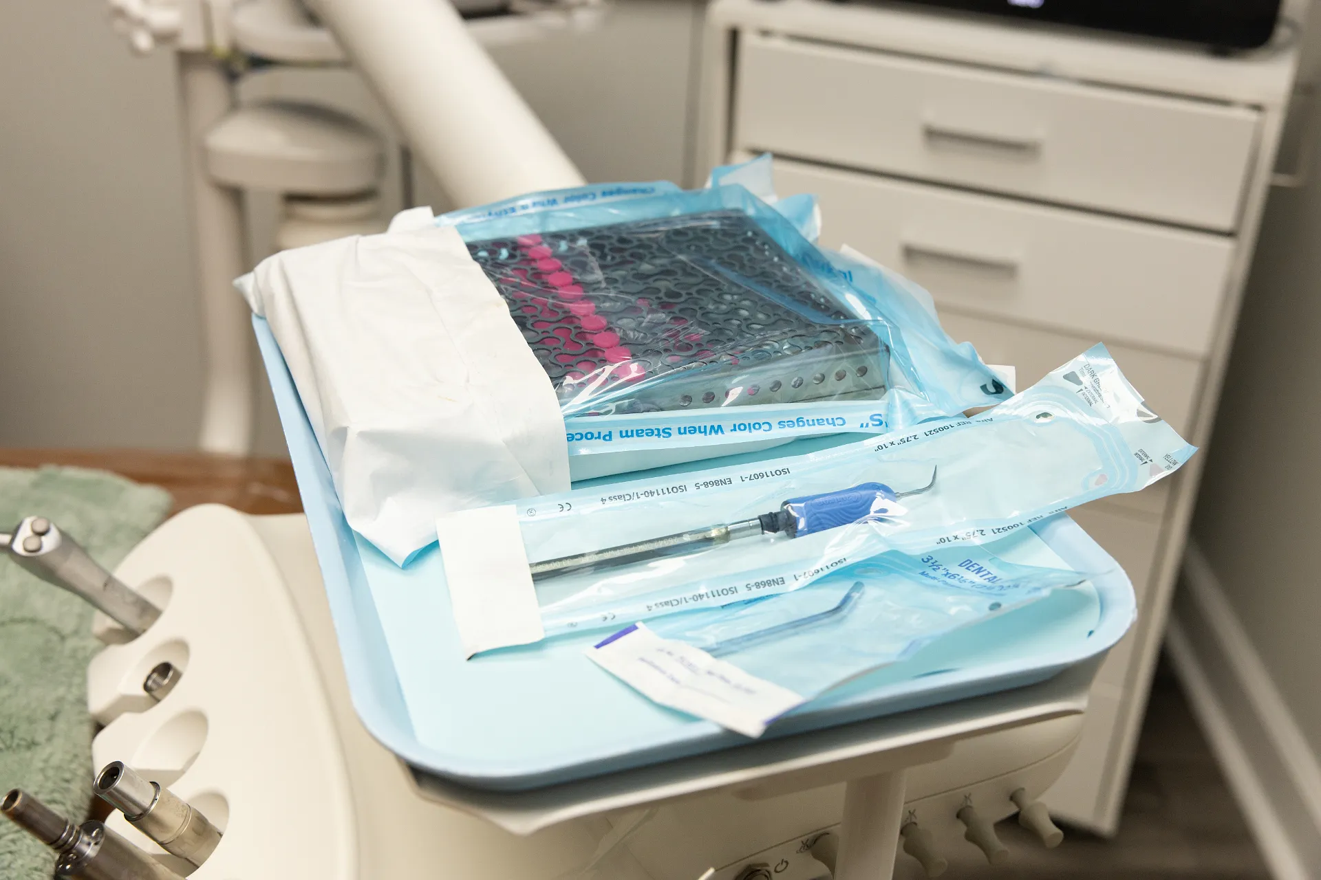 Instrument tray with packaged dental tools and cassettes ready for a procedure — My Dental Hub in Skokie, IL